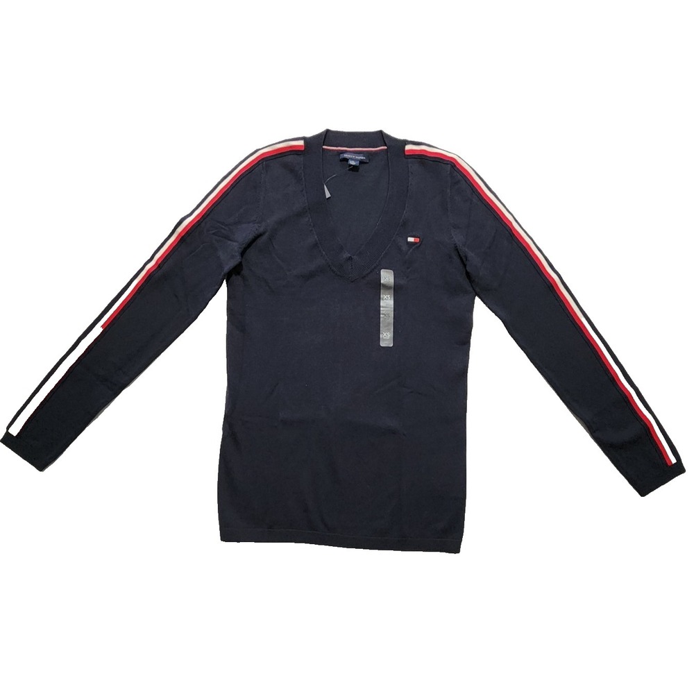 Tommy Hilfiger Womens Vneck Sweater Stripe Sleeve Navy Size XS